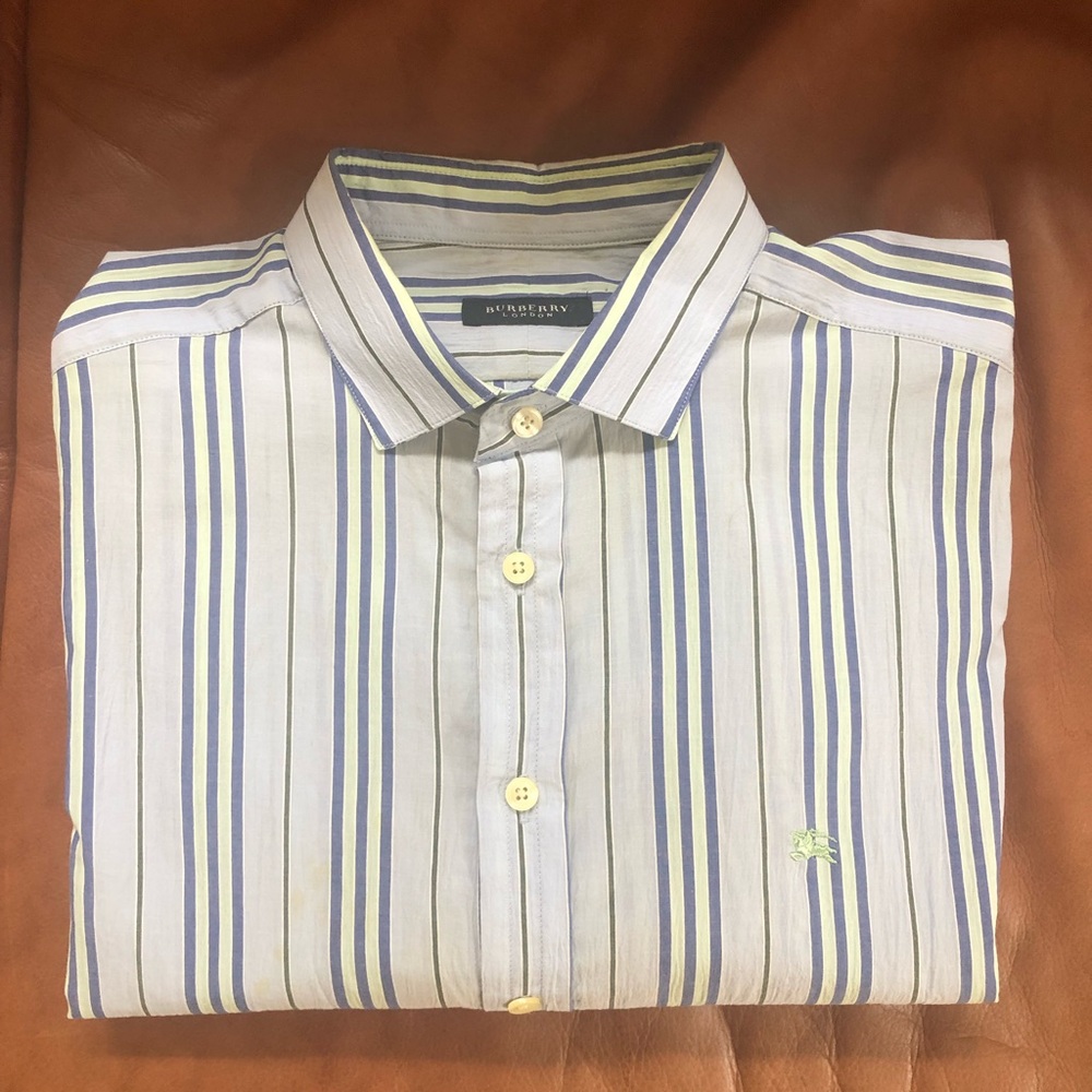 Burberry London Blue and Yellow Casual Button Down Shirt Made in UK Size XL